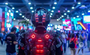 A person in a futuristic, glowing robotic suit stands in a crowded, neon-lit convention hall.