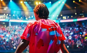 A person from behind wearing a pink shirt with a red and white abstract design, standing on a stage with bright spotlights and a blurred audience.