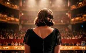 Back view of a woman in a black dress on a stage, facing a large audience in a theater.