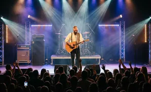A speaker looks out at a large, dimly lit audience in a packed auditorium.