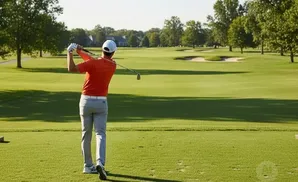 Golfer in orange shirt and gray pants swings at a tee box on a sunny golf course.