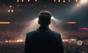Back view of a man in a suit on a stage, facing a crowd with spotlights.