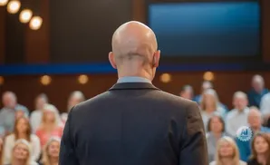 A bald man in a suit speaks to an audience.