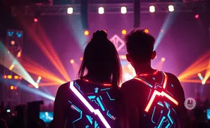 Couple in illuminated outfits enjoying a vibrant concert with bright stage lights.