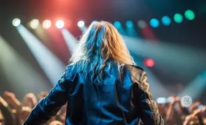 A person with long blonde hair in a black leather jacket stands facing a cheering crowd and stage lights.