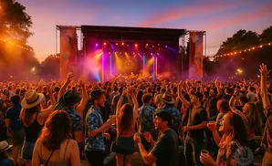 People at a music festival cheer with hands in the air as a band performs on a brightly lit stage at sunset.