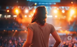 A woman stands on stage facing an audience, silhouetted by bright stage lights.