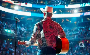 A man in a cowboy hat and patterned shirt plays a guitar on stage in front of a large crowd.