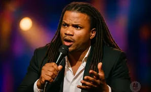 A man with dreadlocks in a suit and white shirt speaks into a microphone on a colorful stage.