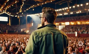 Man in green jacket looking at a large, cheering crowd at a concert.