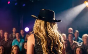 A woman in a cowboy hat performs on stage to a blurred audience.