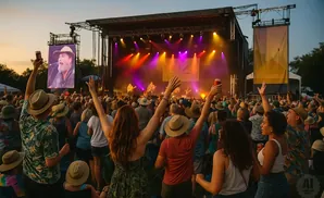 Crowd at an outdoor concert at dusk, with a large screen showing a singer on stage and colorful lights.