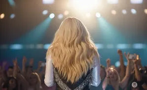 Back view of a blonde woman performing on stage with bright lights and a cheering audience.