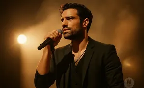 A man with dark hair and a beard sings into a microphone on stage, lit by a golden spotlight.