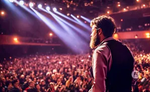 A man with a beard stands on stage, facing a large, cheering audience under bright stage lights.