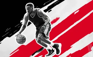 A basketball player dribbles the ball against a black and red abstract background.