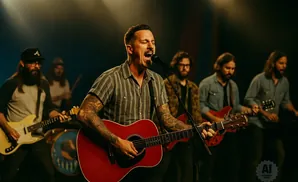 A band performs on stage, with the lead singer in the foreground playing a red acoustic guitar.