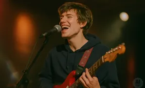 A young man with brown hair sings and plays a red electric guitar on stage.