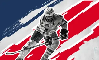Black and white hockey player on a red and blue striped background.