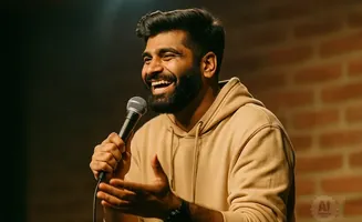 A man with a beard laughs while holding a microphone and speaking onstage in front of a brick wall.
