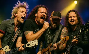 A band of four men perform on stage, with two singers and two guitarists.