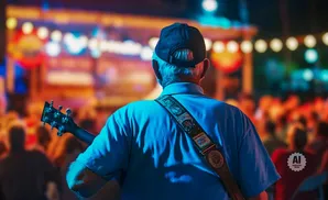 An older man in a blue shirt and cap plays guitar on a stage with blurred lights and audience.
