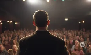 Man in a suit facing a large audience in a dimly lit theater.