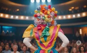 A clown in a colorful wig and costume stands on stage facing an audience.