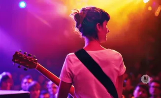 A woman in a white shirt with a guitar strap plays an acoustic guitar on a dimly lit stage.