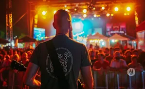 Guitarist with a beard on a stage, facing a crowd at an outdoor concert, lit by warm stage lights.