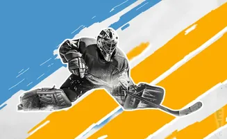 A hockey goalie in full gear dives to make a save, with a blue and yellow abstract background.