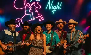 A band of five people in cowboy hats perform on stage with a neon sign of a horse and rider and 
