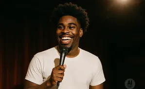 A Black man with an afro laughs into a microphone on a dimly lit stage.