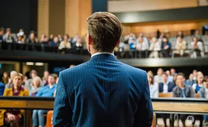 Man in a blue pinstripe suit facing away from camera, addressing an audience in an auditorium.