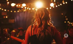 Woman with long, wavy hair playing guitar on stage, illuminated by warm lights.