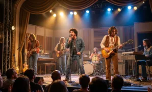 A band performs on stage in a theater, with musicians playing guitars, keyboard, and drums.