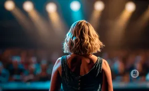 Back view of a woman with blonde hair on stage, facing a blurred audience under spotlights.