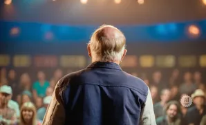 Man with thinning hair, seen from behind, addresses an audience in a dimly lit venue with colorful stage lighting.