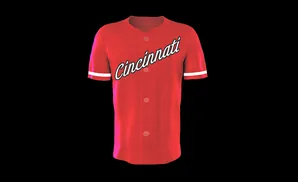 Red Cincinnati baseball jersey with white trim on sleeves and 