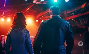 Man and woman in leather jackets on stage with vibrant lights and blurred audience.