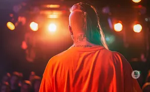 Man with undercut and ponytail wearing an orange shirt, facing away from the camera, with stage lights behind him.