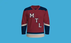 Maroon hockey jersey with navy blue and cream accents, featuring 