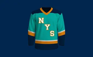 Teal hockey jersey with orange and white trim, featuring 