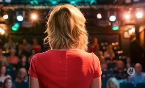 Woman in red dress facing audience, illuminated by stage lights.