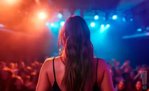 A woman with long, dark hair faces away from the camera on a stage, with a blurred crowd and colorful lights behind her.