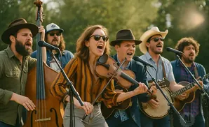 A band plays bluegrass music outdoors, with a woman on fiddle and men on bass, banjo, and guitar.