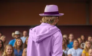 A person wearing a lavender hoodie and hat faces away from the camera, with a blurred audience behind them.