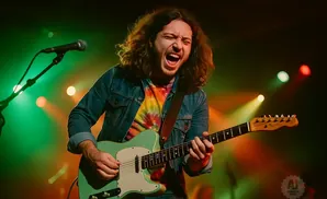 A rock singer with long curly hair plays a teal electric guitar under green and orange stage lights.