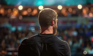 A man with short brown hair and a beard stands with his back to the camera, looking at a blurred audience and stage lights.