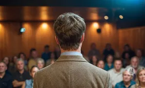 A speaker faces an audience from behind, with the focus on the back of his head and shoulders.